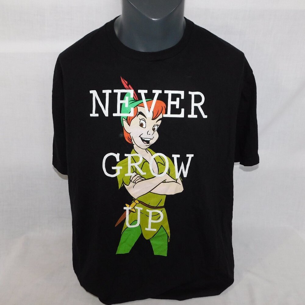 Disney Peter Pan NEVER GROW UP Black Graphic T Shirt Mens 2XL